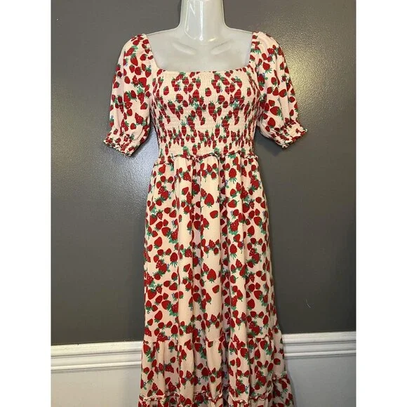 Betsey Johnson Dress Womens XS Strawberry Puff Sleeve Smocked Maxi Sundress - Picture 2 of 10